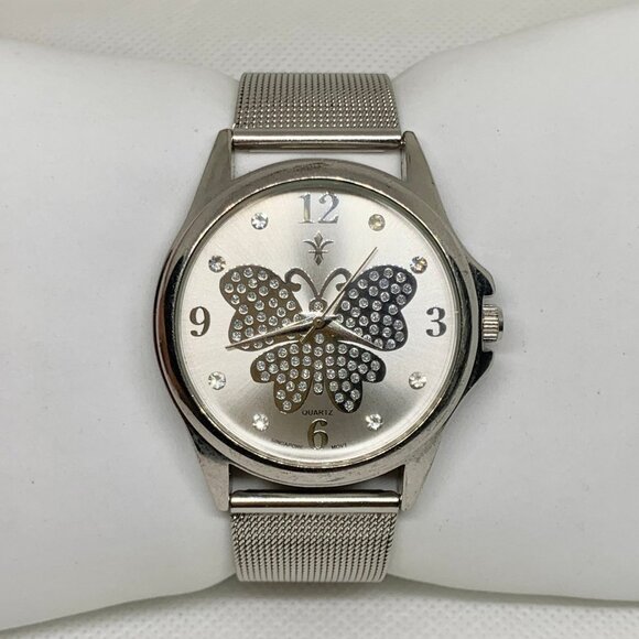 Women butterfly dial watch silver tone rhinestones 38mm round Quartz running - Picture 1 of 6